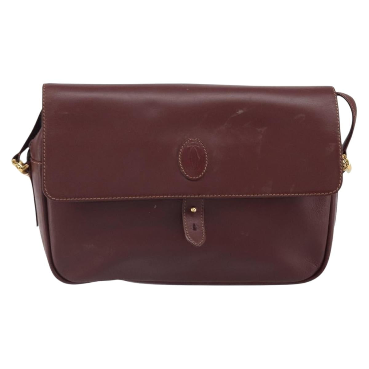 CARTIER Must Line Shoulder Bag Leather Bordeaux Gold Auth 170262