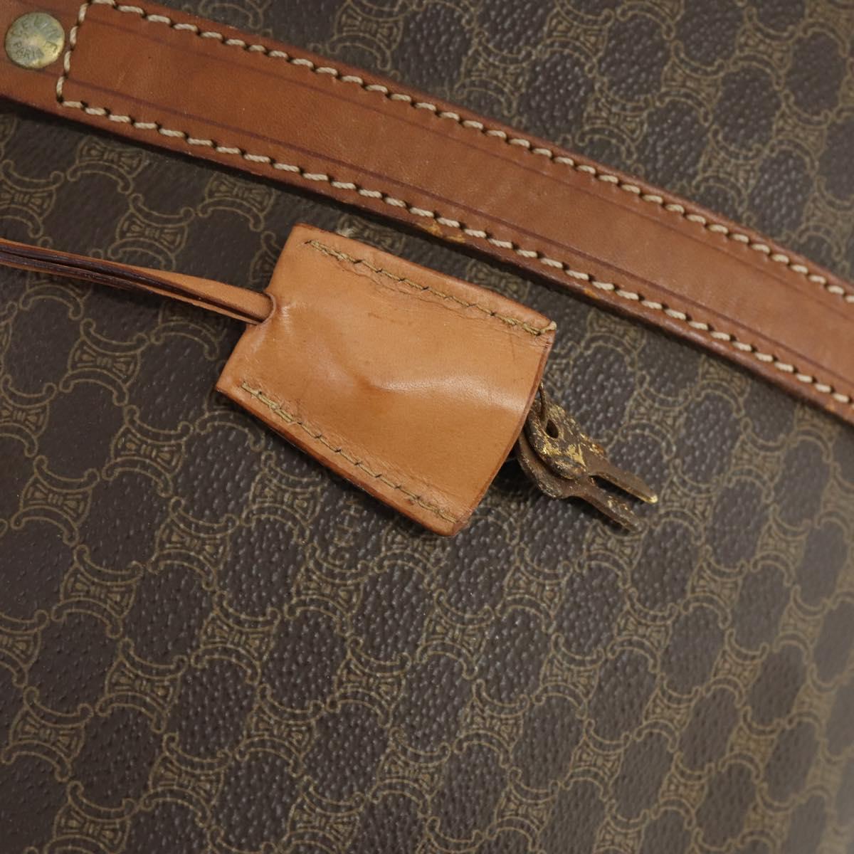 CELINE Macadam Canvas Boston Bag PVC Leather Brown Gold Auth 170283