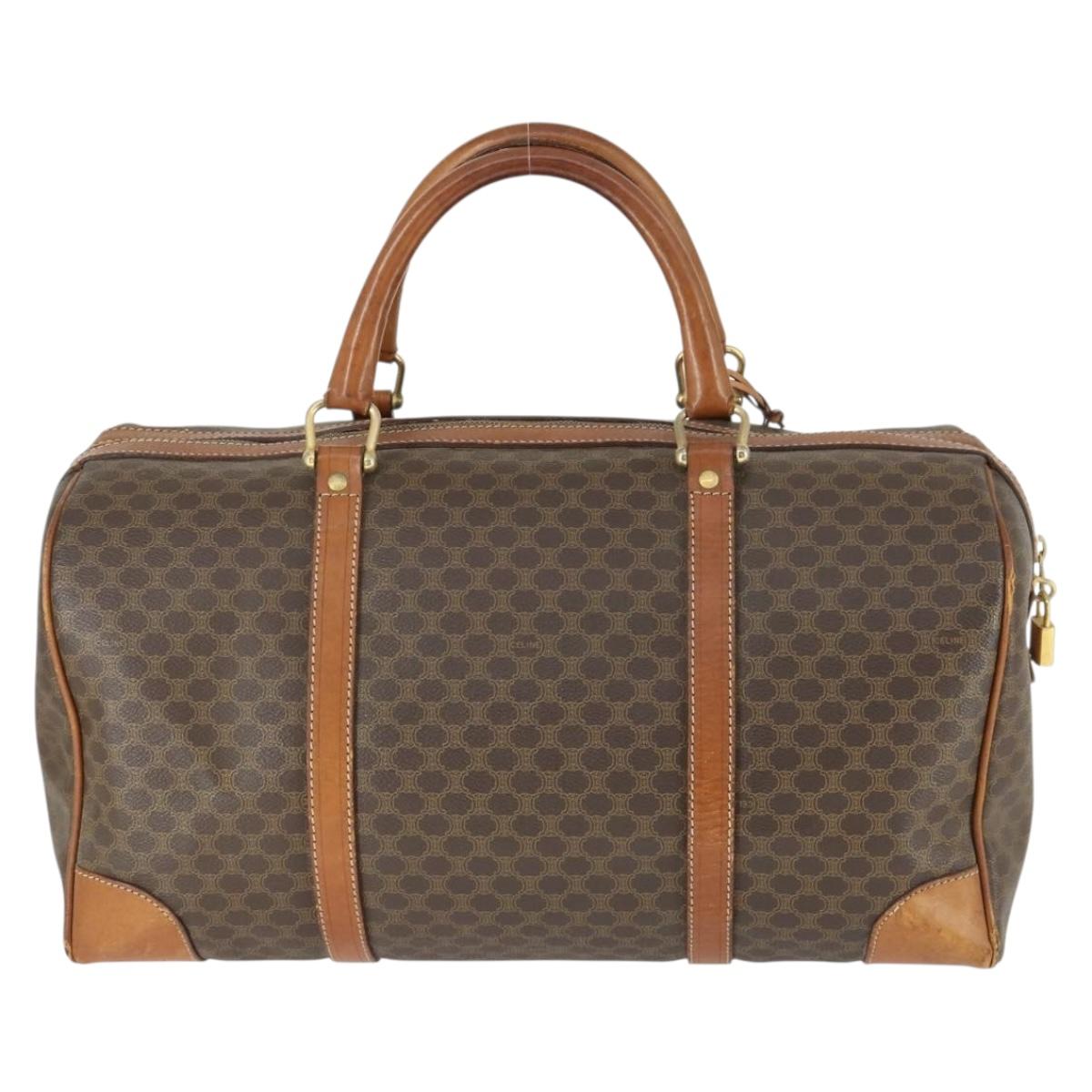 CELINE Macadam Canvas Boston Bag PVC Leather Brown Gold Auth 170283