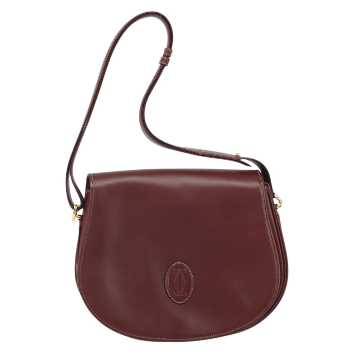 CARTIER Must Line Shoulder Bag Leather Bordeaux Gold Auth 170290