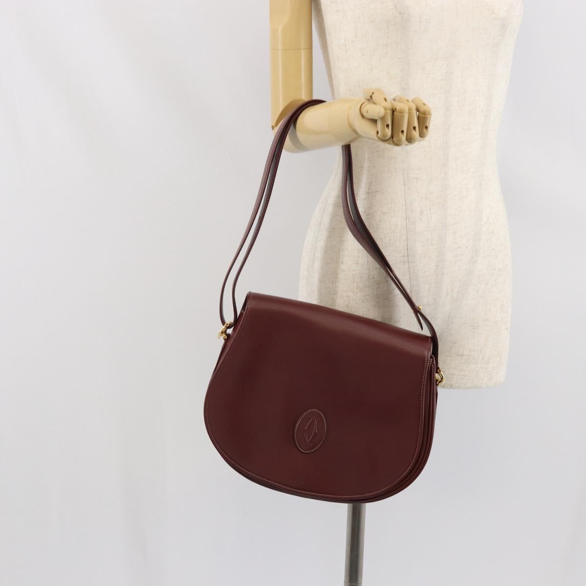 CARTIER Must Line Shoulder Bag Leather Bordeaux Gold Auth 170290