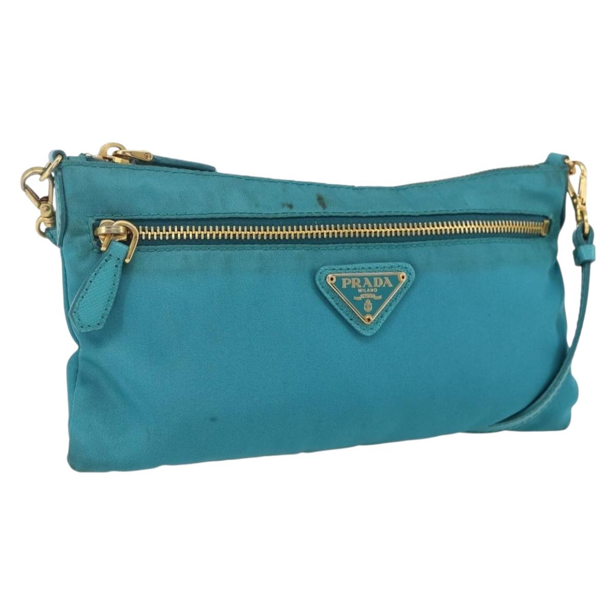 PRADA Shoulder Bag Nylon Light Blue Gold Auth 170291