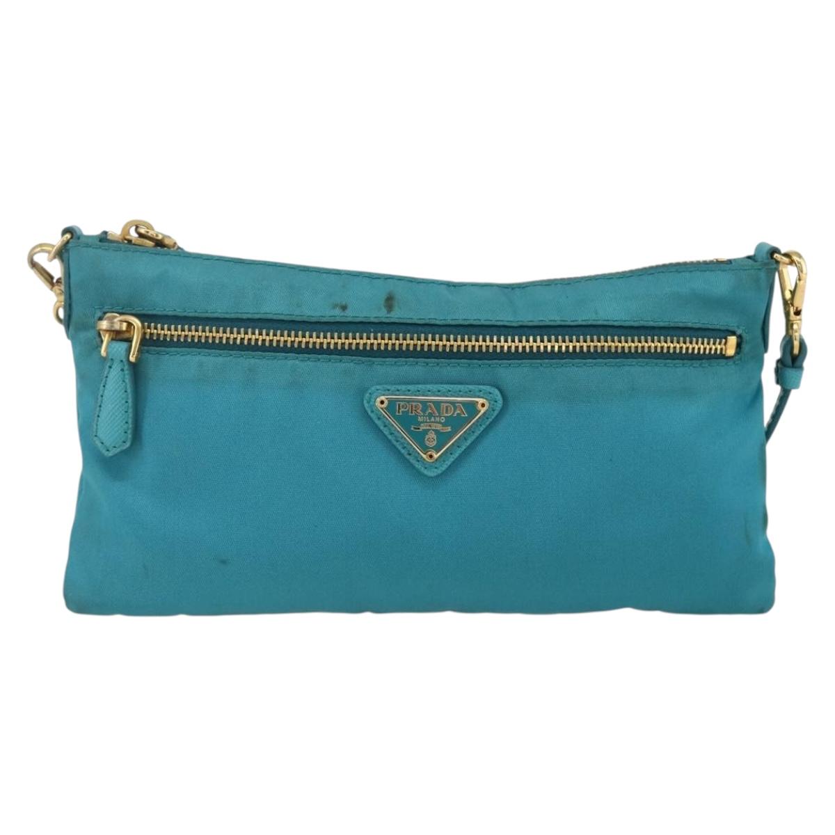 PRADA Shoulder Bag Nylon Light Blue Gold Auth 170291