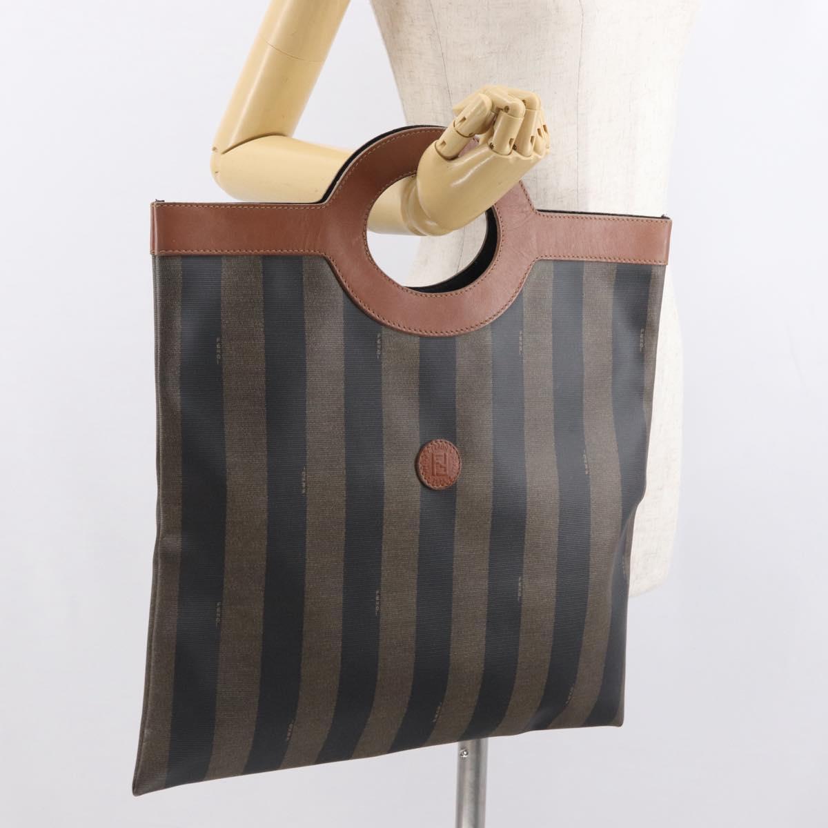 FENDI Pecan Canvas Hand Bag PVC Black Brown Auth 170331