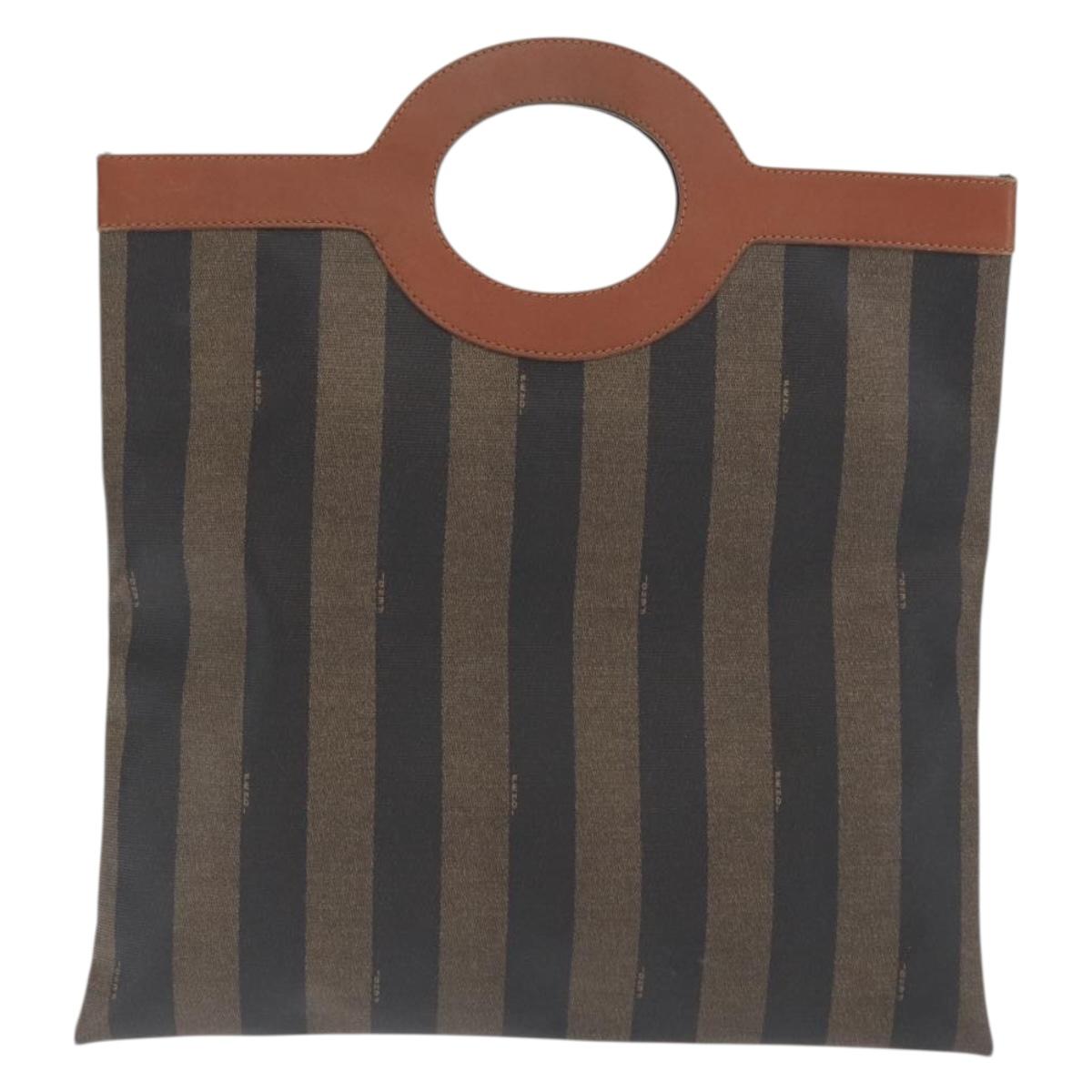 FENDI Pecan Canvas Hand Bag PVC Black Brown Auth 170331