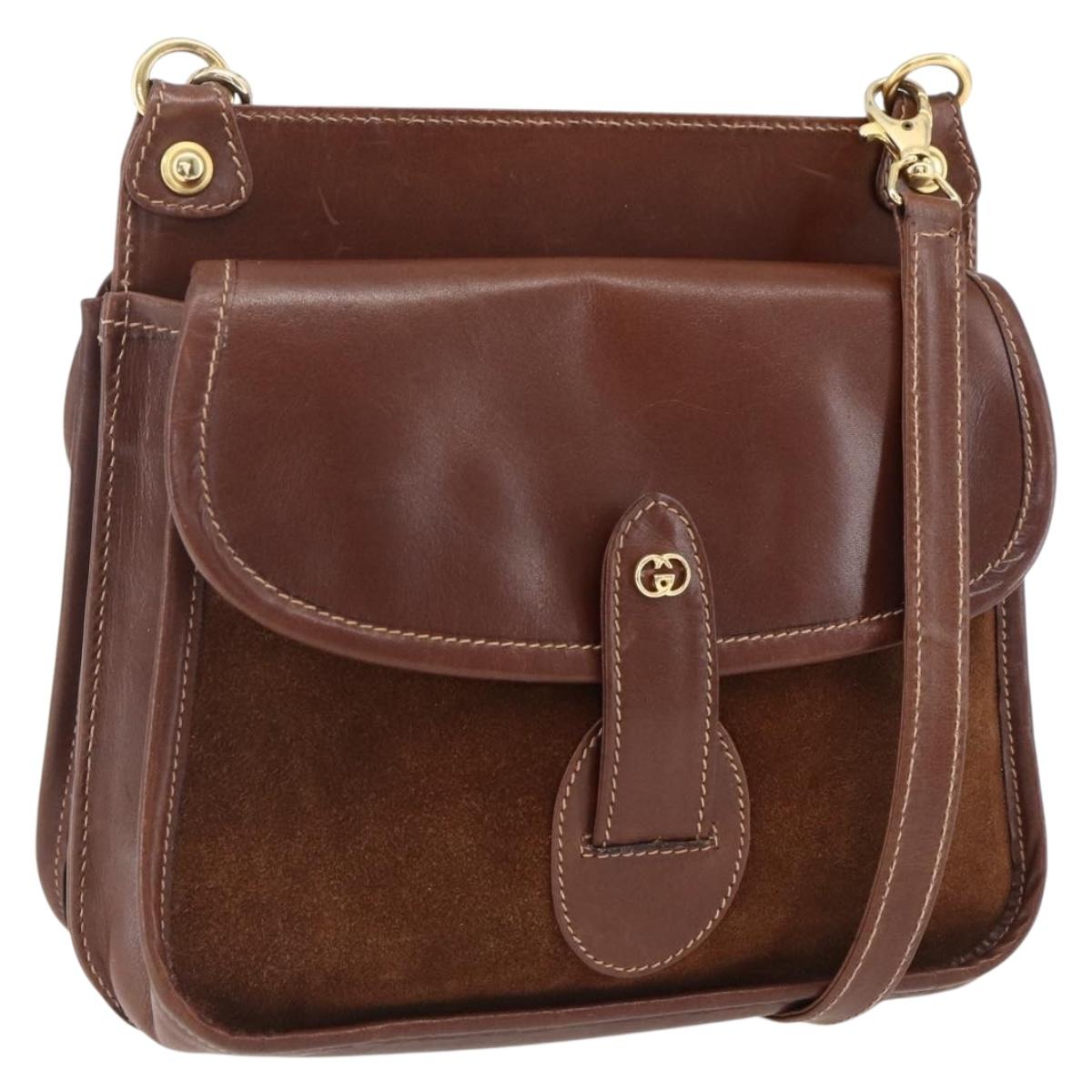 GUCCI Shoulder Bag Leather Suede Brown Gold Auth 170340