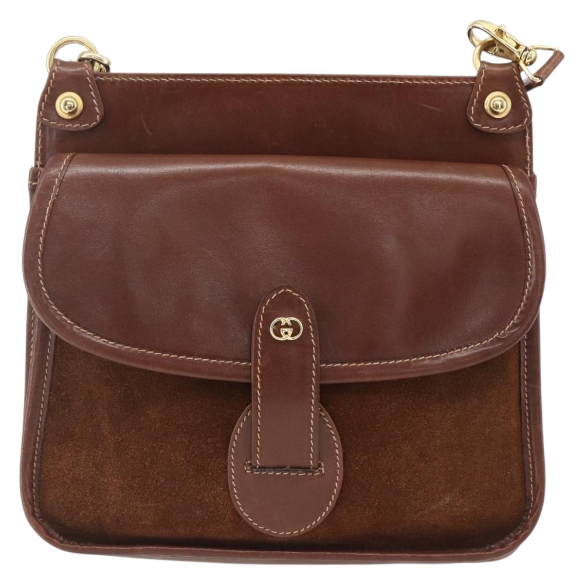 GUCCI Shoulder Bag Leather Suede Brown Gold Auth 170340
