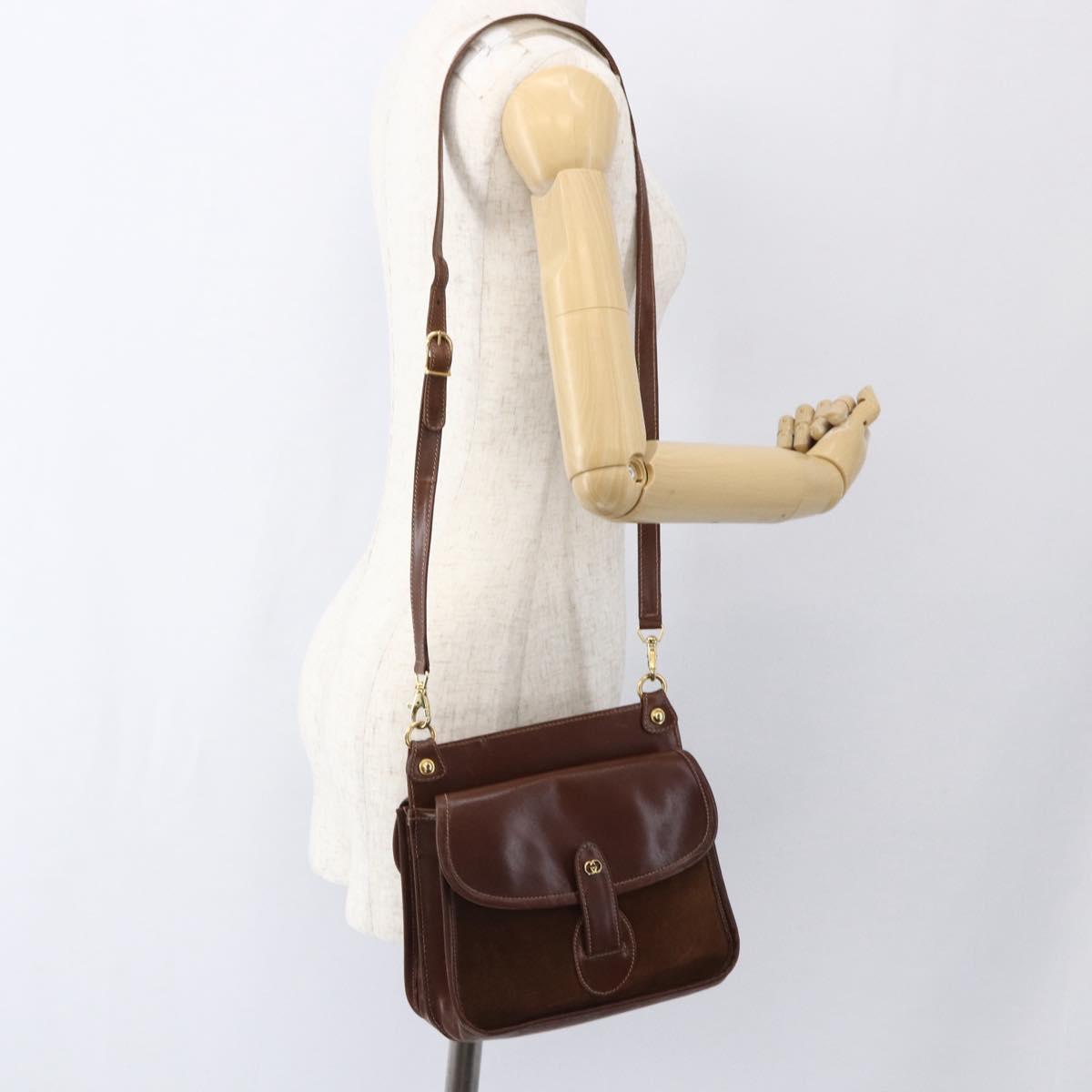 GUCCI Shoulder Bag Leather Suede Brown Gold Auth 170340