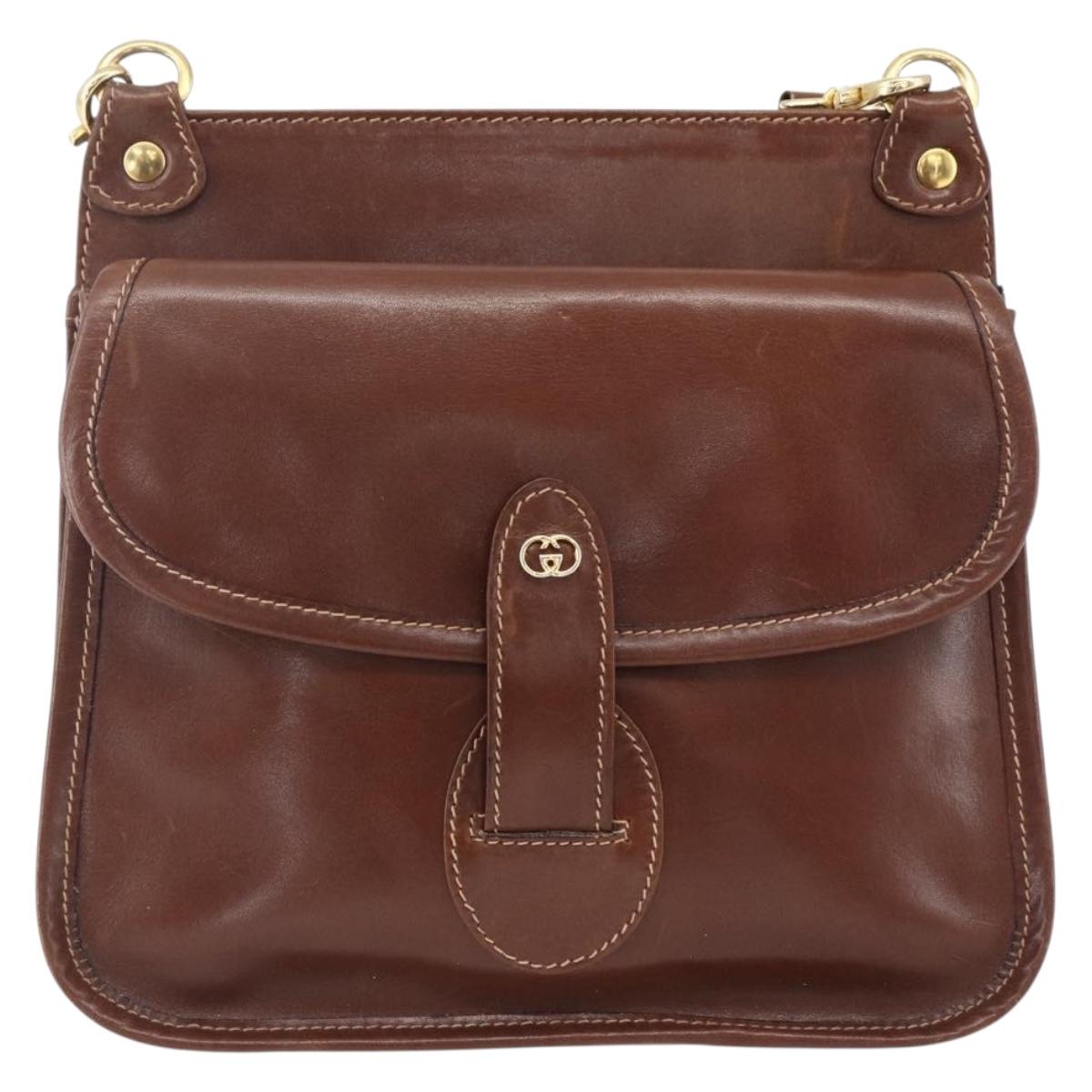 GUCCI Shoulder Bag Leather Suede Brown Gold Auth 170340