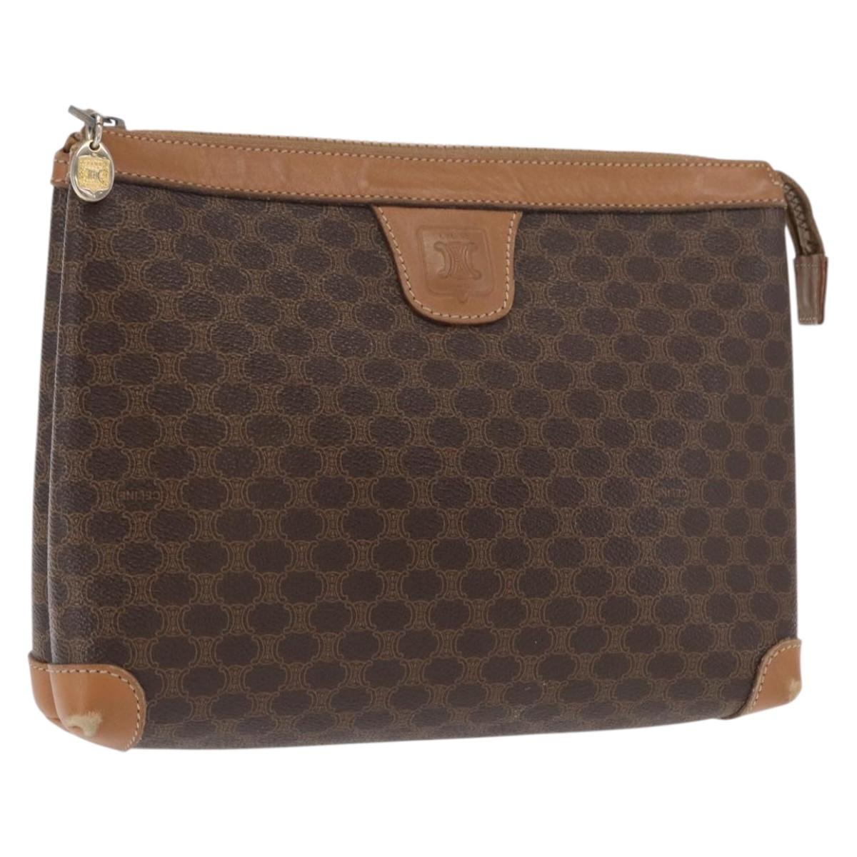 CELINE Macadam Canvas Clutch Bag PVC Leather Brown Gold Auth 170341