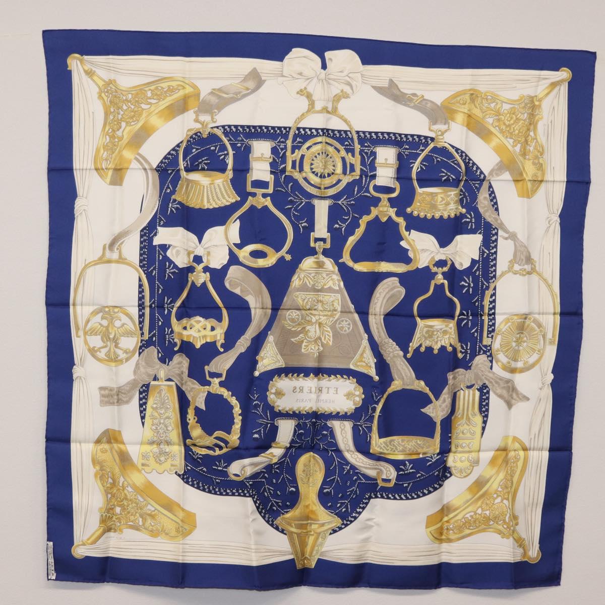 HERMES Carre 90 Scarf ""ETRIERS"" Silk Blue Auth 170351V
