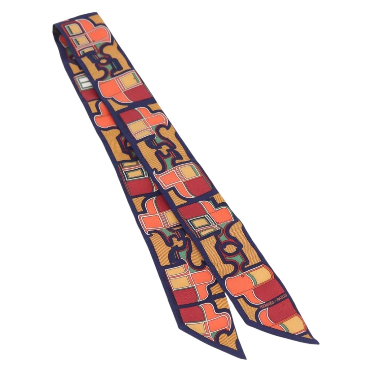 HERMES Twilly Scarf Horse Carriage Silk Navy Auth 170363V