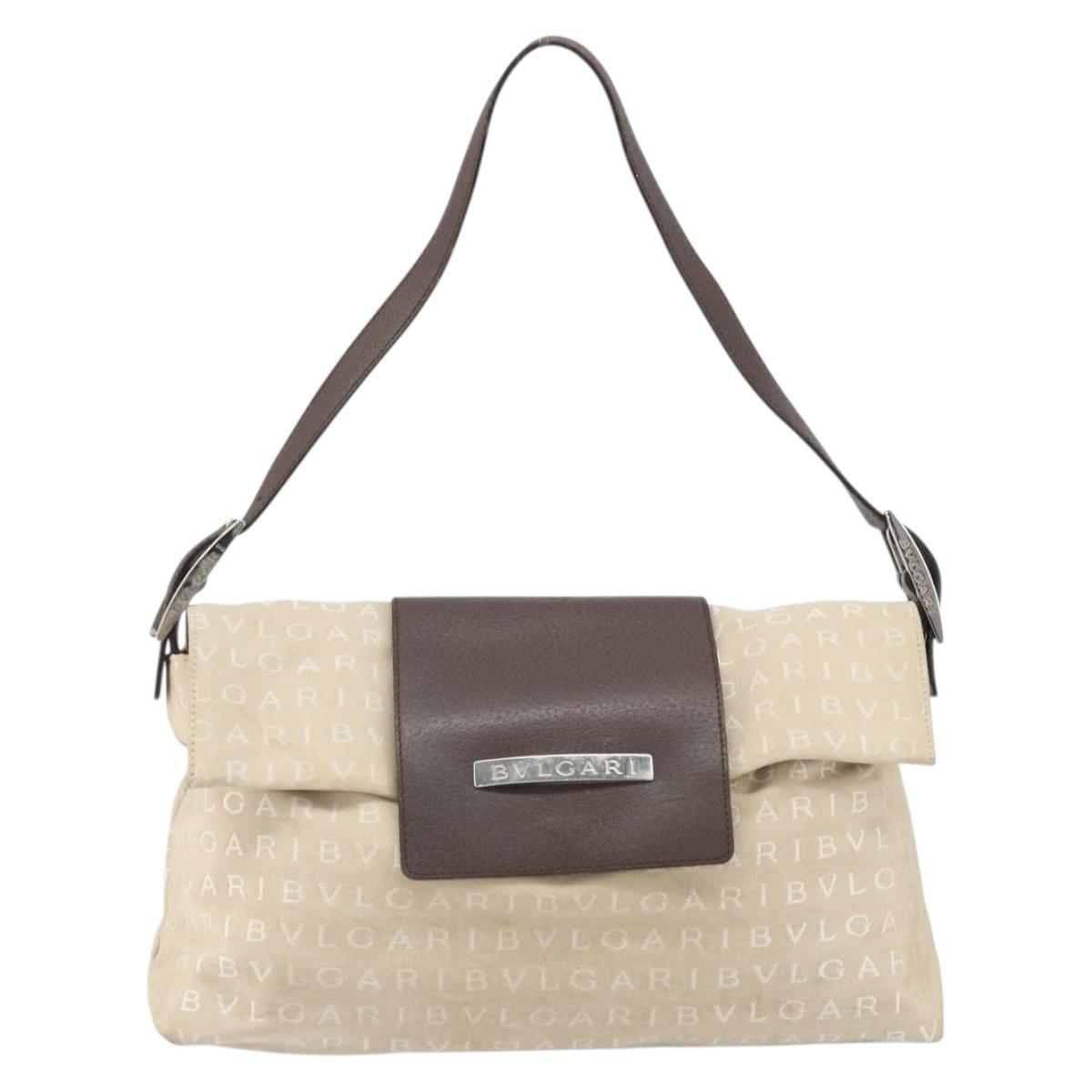 BVLGARI Logo Mania Shoulder Bag Canvas Beige Silver Auth 170371