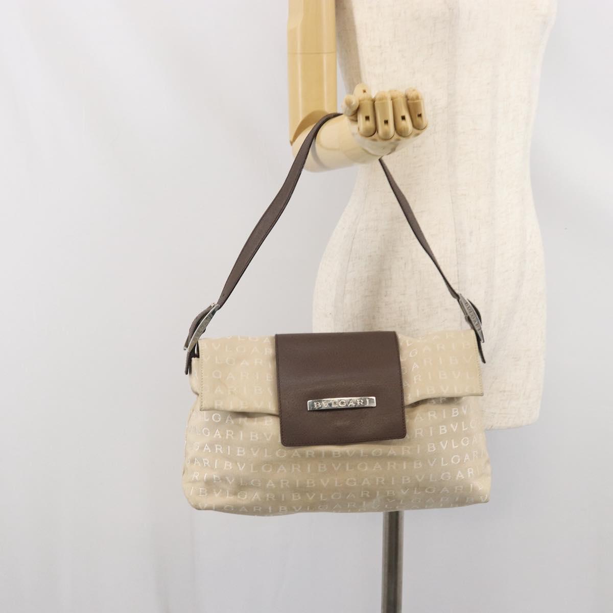 BVLGARI Logo Mania Shoulder Bag Canvas Beige Silver Auth 170371