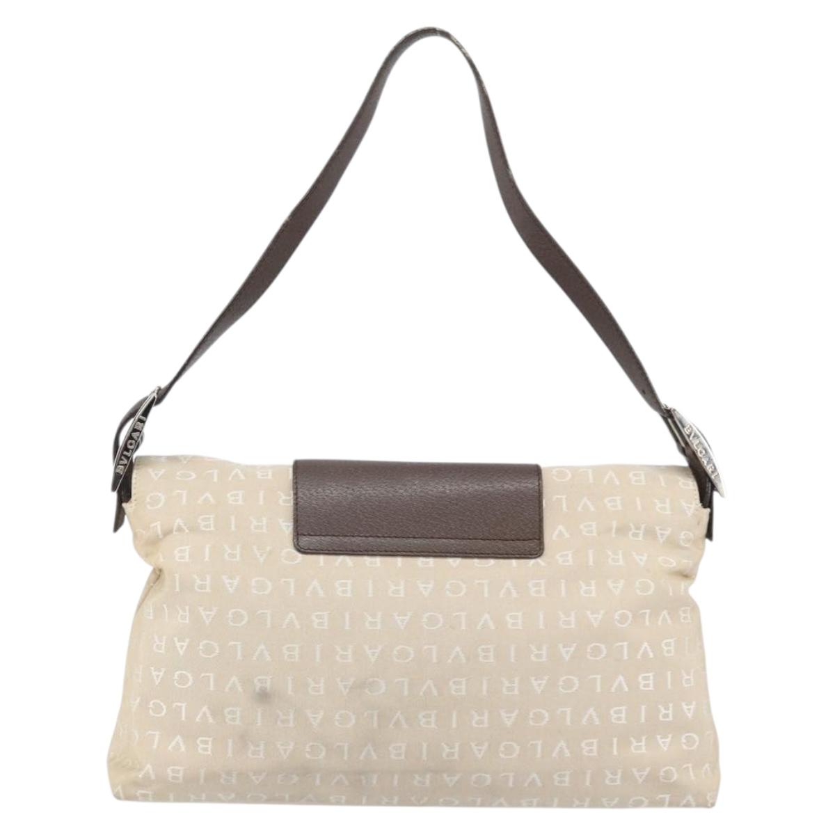 BVLGARI Logo Mania Shoulder Bag Canvas Beige Silver Auth 170371