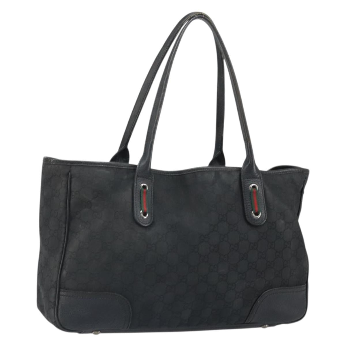GUCCI GG Canvas Web Sherry Line Tote Bag Black Silver Red 293592 Auth 170377