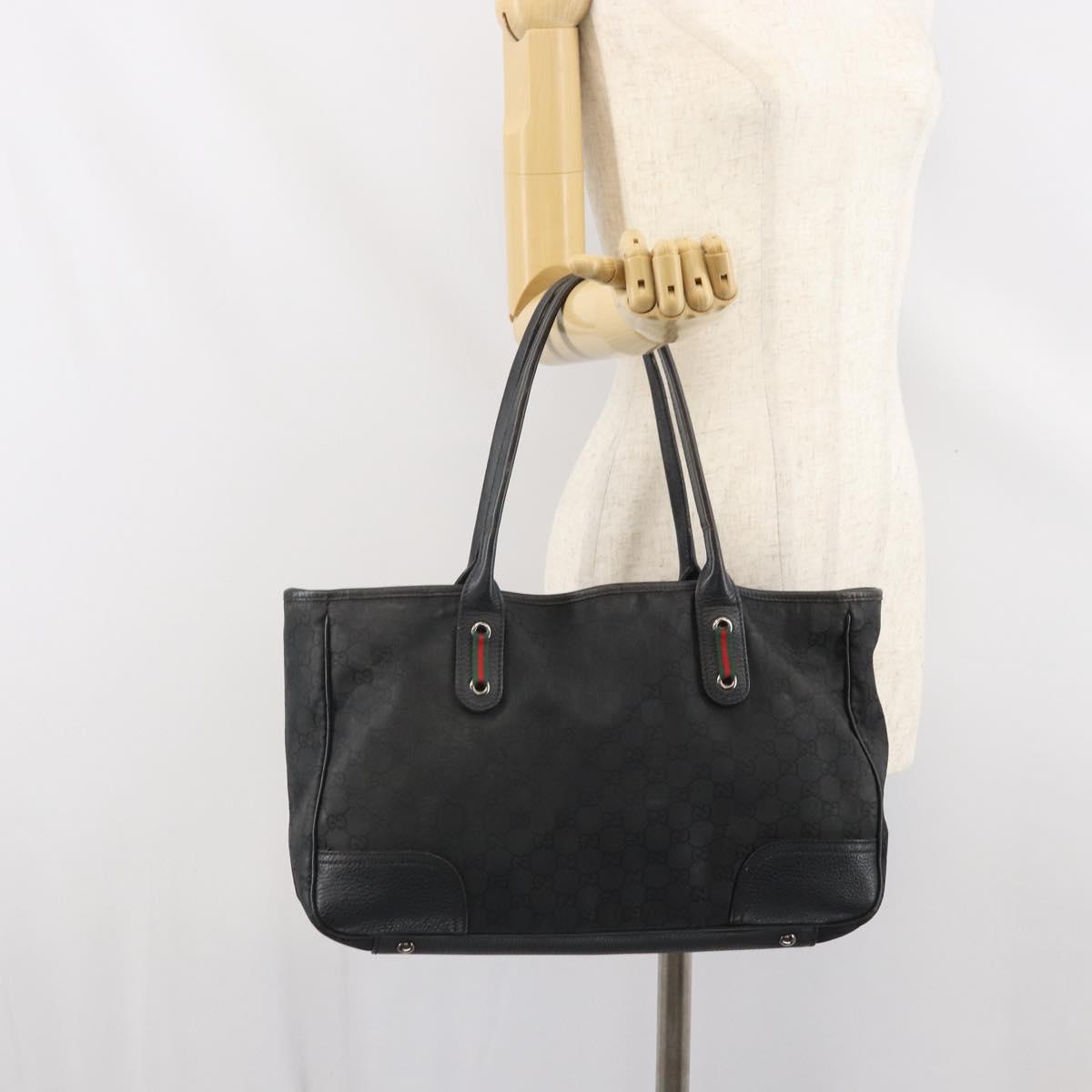 GUCCI GG Canvas Web Sherry Line Tote Bag Black Silver Red 293592 Auth 170377