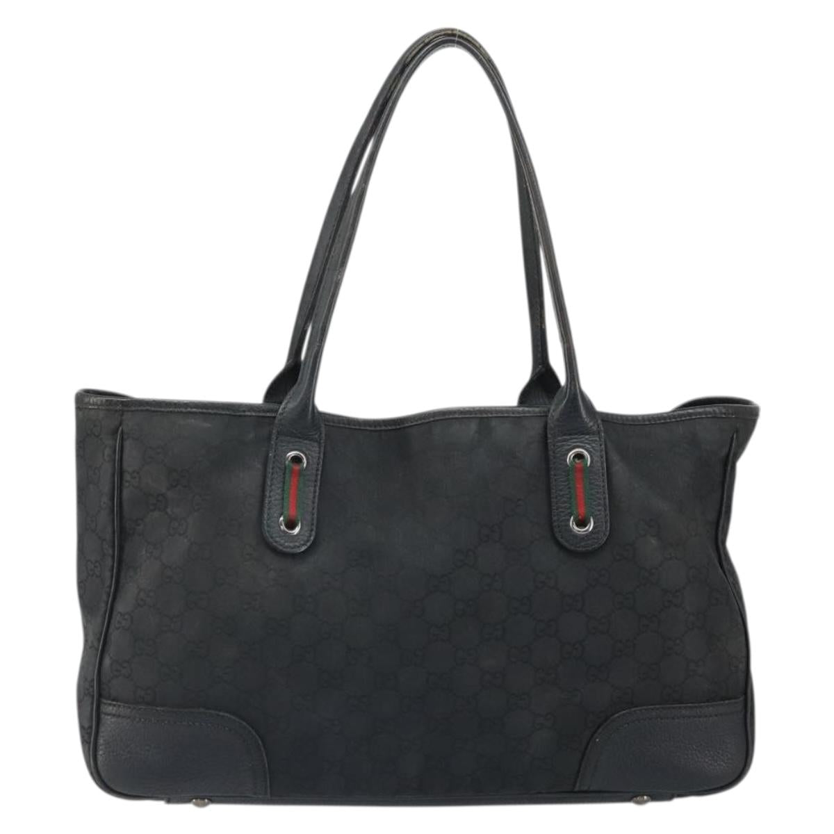 GUCCI GG Canvas Web Sherry Line Tote Bag Black Silver Red 293592 Auth 170377