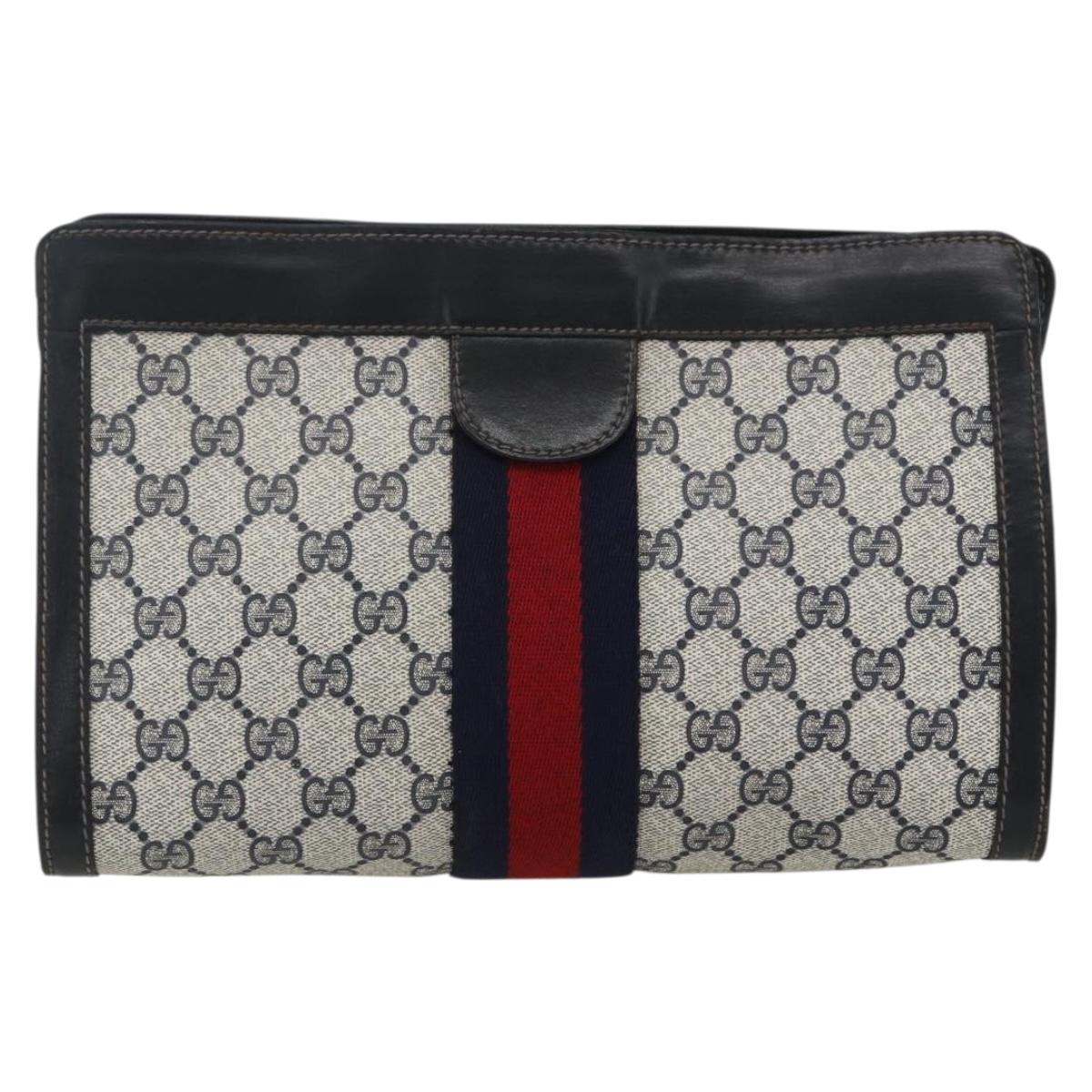 GUCCI GG Supreme Sherry Line Clutch Bag PVC Navy Red Auth 170386
