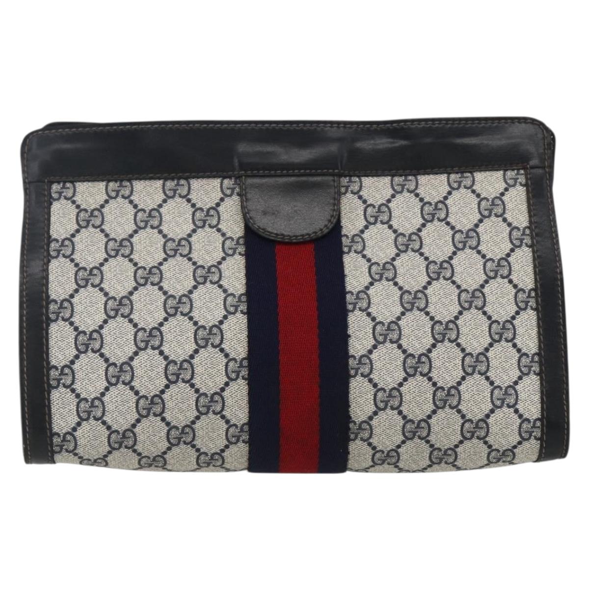 GUCCI GG Supreme Sherry Line Clutch Bag PVC Navy Red Auth 170386