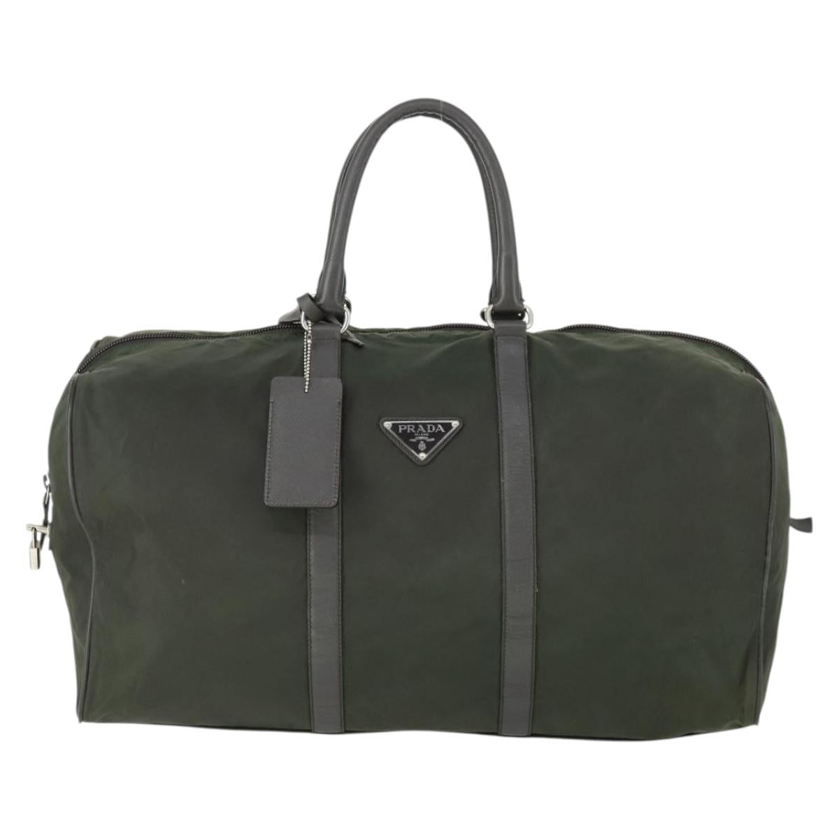 PRADA Boston Bag Nylon Khaki Silver Auth 170405