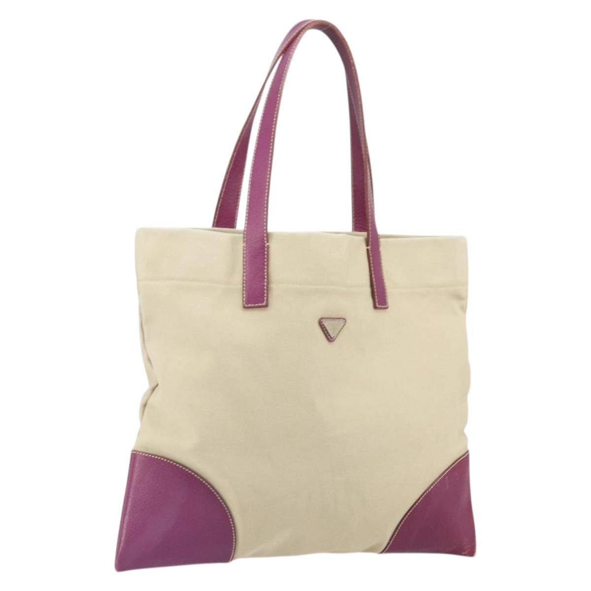 PRADA Tote Bag Canvas Beige Silver Auth 170406