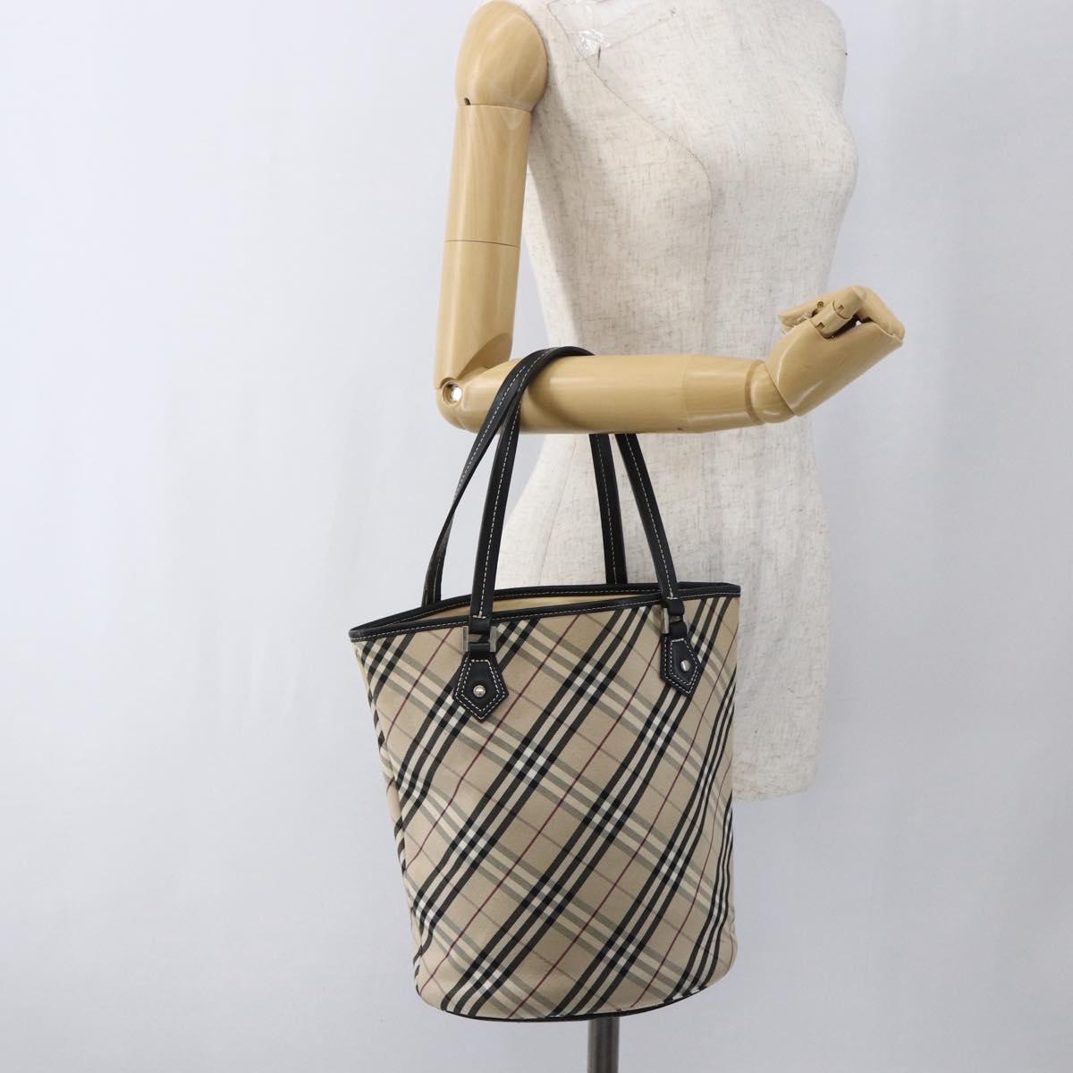 BURBERRY Nova Check Blue Label Tote Bag Canvas Beige Auth 170421