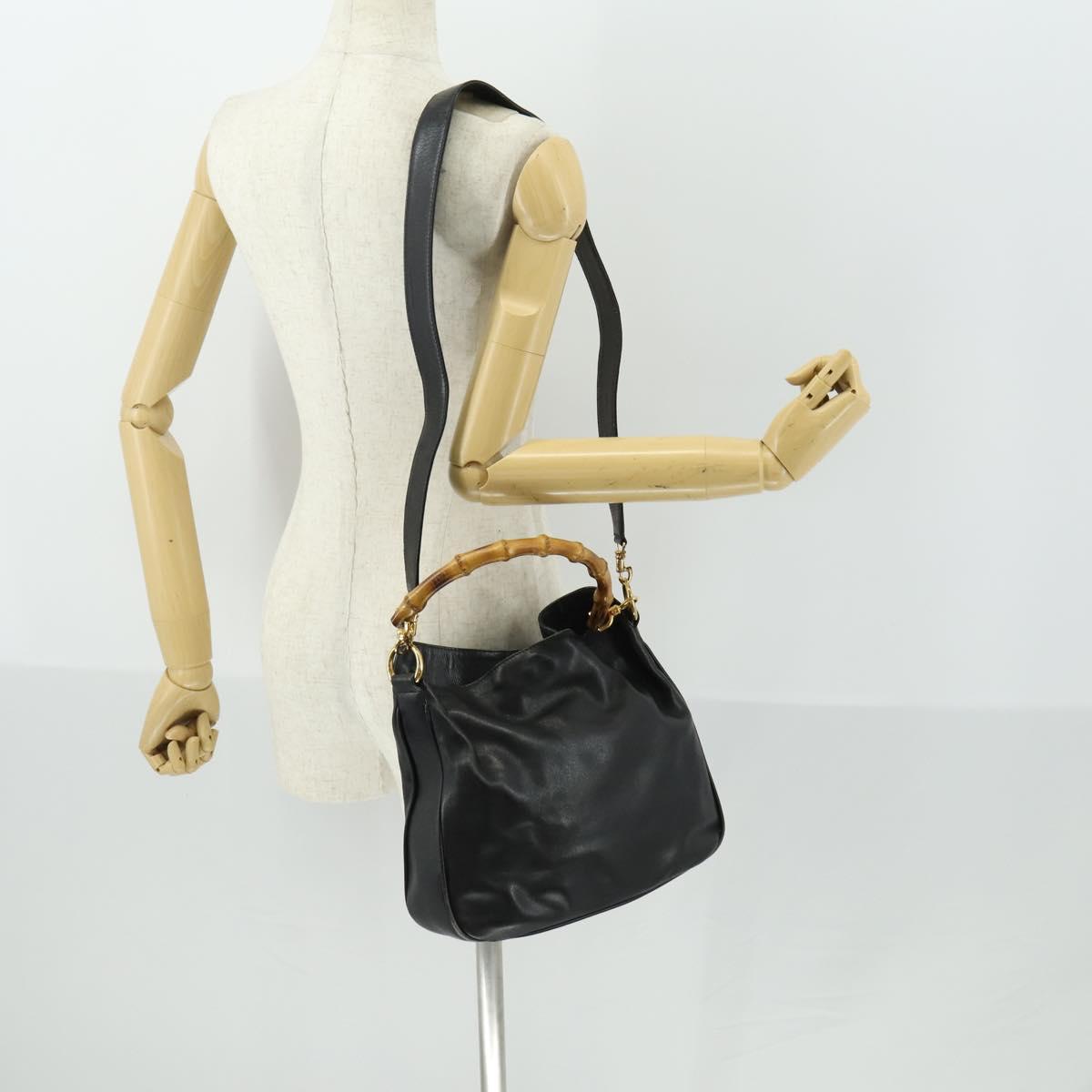 GUCCI Bamboo Hand Bag Leather 2way Black Gold 001 1638 2615 Auth 170422