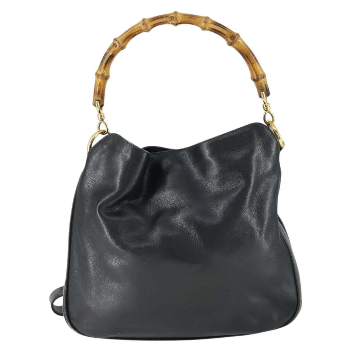 GUCCI Bamboo Hand Bag Leather 2way Black Gold 001 1638 2615 Auth 170422