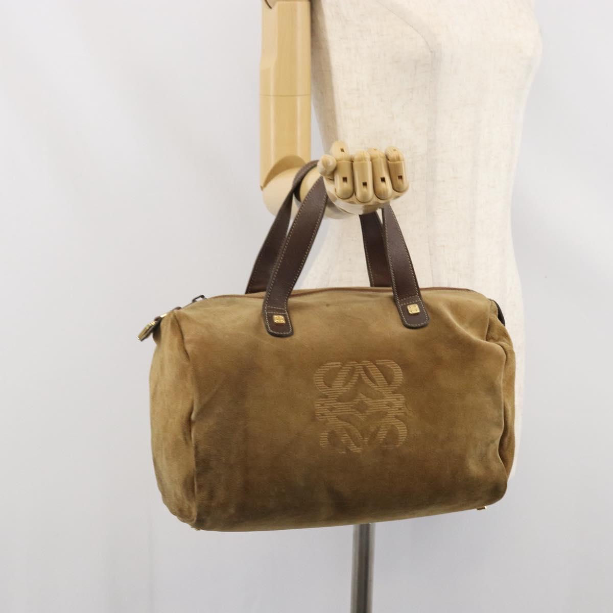 LOEWE Anagram Hand Bag Suede Beige Gold Auth 170444