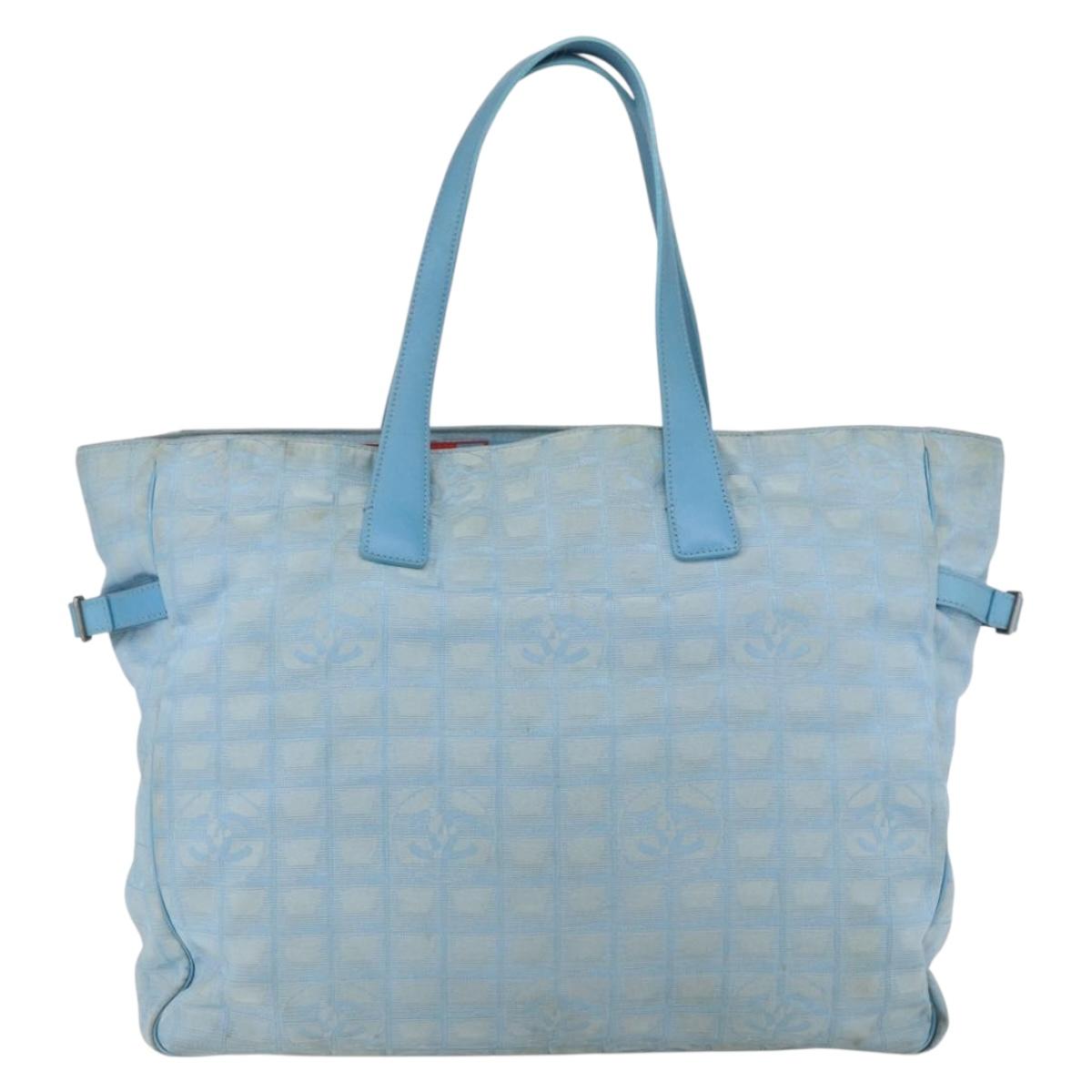 CHANEL New Travel line Tote Bag Nylon Light Blue Silver CC Auth 170452