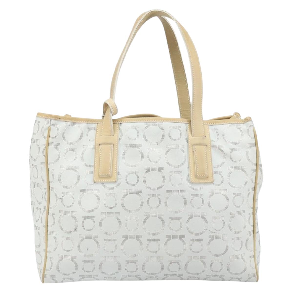 Salvatore Ferragamo Gancini Tote Bag PVC Leather Silver White Auth 170458