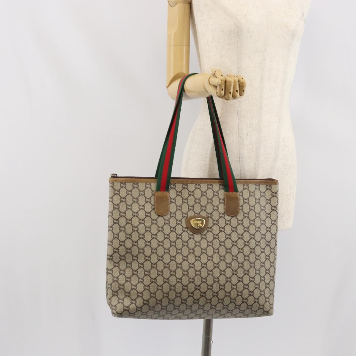 GUCCI GG Plus Supreme Web Sherry Line Tote Bag PVC Beige Gold Auth 170474