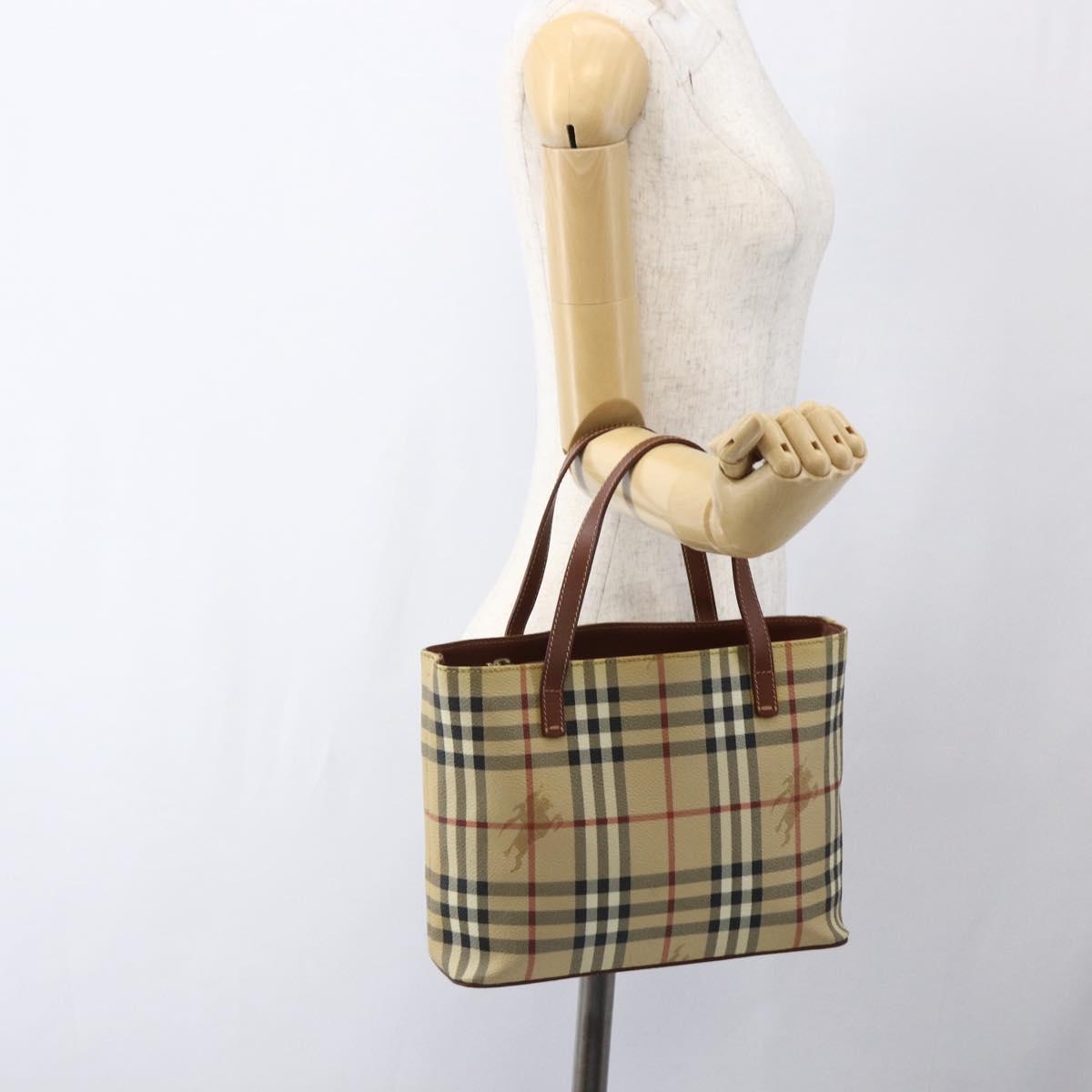 BURBERRY Nova Check Hand Bag PVC Beige Gold Auth 170485V