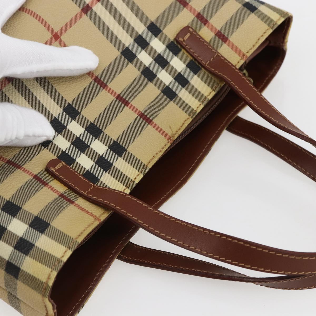 BURBERRY Nova Check Hand Bag PVC Beige Gold Auth 170485V