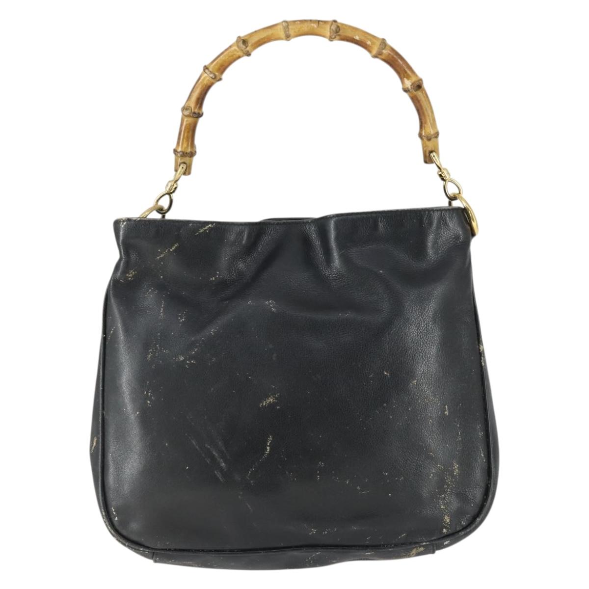 GUCCI Bamboo Hand Bag Leather Black Gold Auth 170494