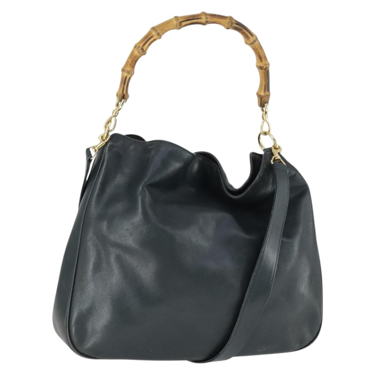 GUCCI Bamboo Hand Bag Leather 2way Navy Gold 001 3754 1577 Auth 170508