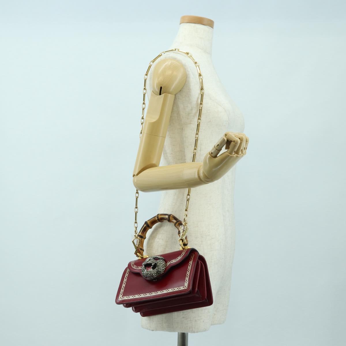 GUCCI Bamboo Taiga Head Hand Bag Leather 2way Red Gold 488667 Auth 170530SAV