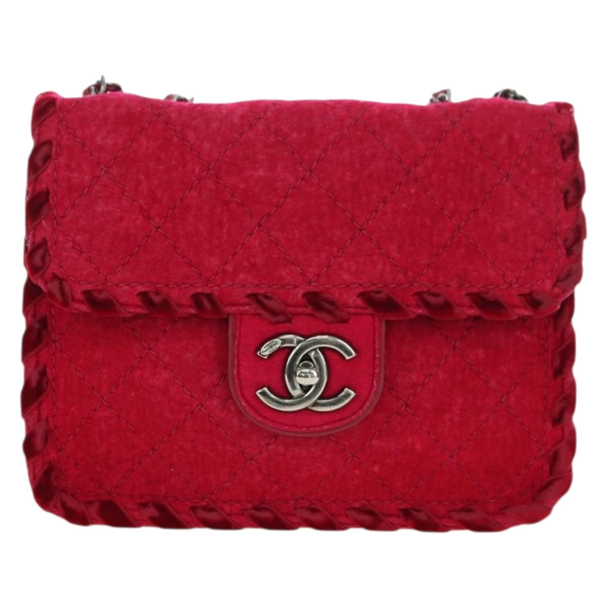 CHANEL Matelasse Chain Shoulder Bag Tweed Red Silver CC Auth 170538SAV