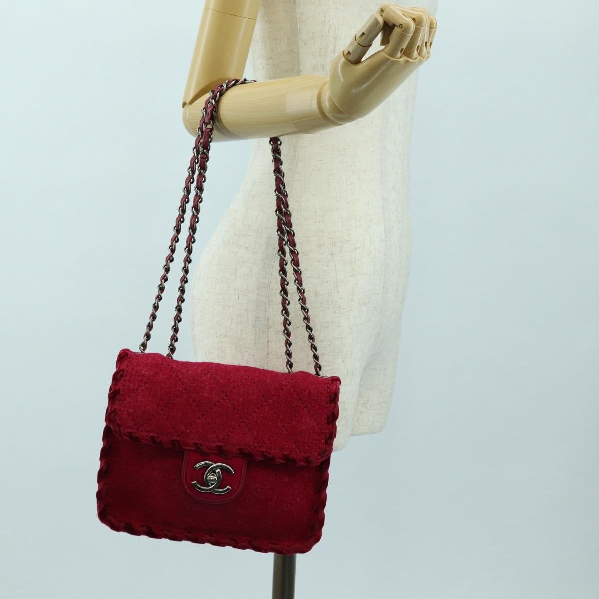 CHANEL Matelasse Chain Shoulder Bag Tweed Red Silver CC Auth 170538SAV