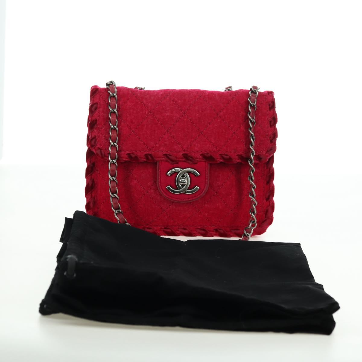 CHANEL Matelasse Chain Shoulder Bag Tweed Red Silver CC Auth 170538SAV