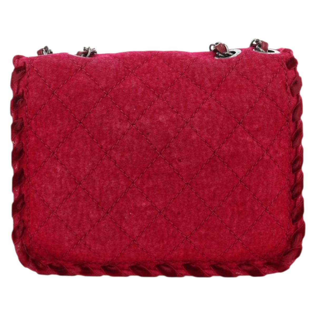 CHANEL Matelasse Chain Shoulder Bag Tweed Red Silver CC Auth 170538SAV