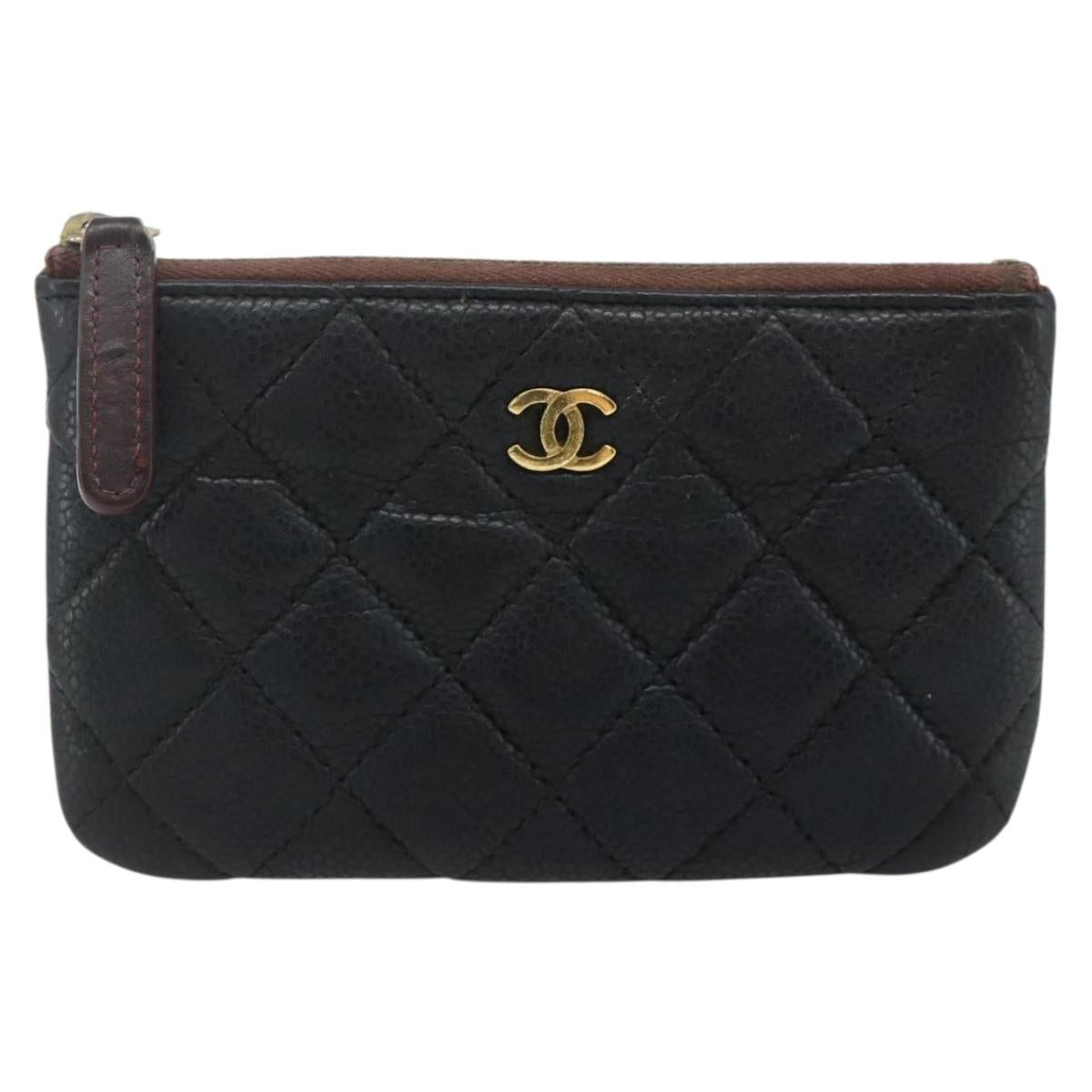 CHANEL Pouch Caviar Skin Black Gold CC Auth 170547A