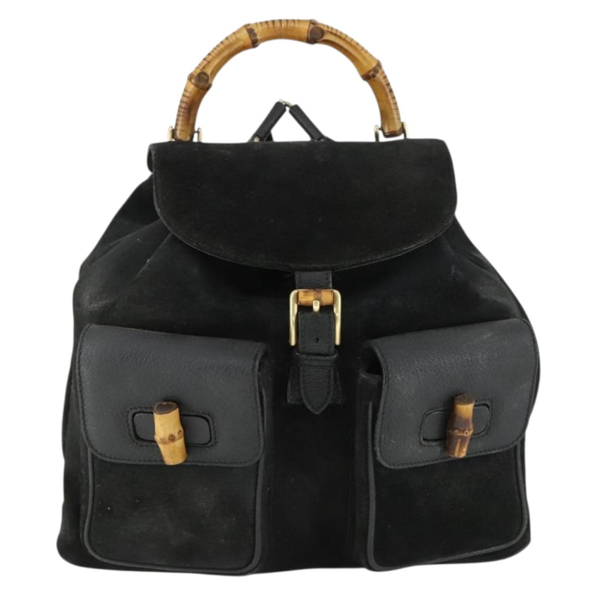 GUCCI Bamboo Backpack Suede Leather Black Gold 003 2058 0016 Auth 170577