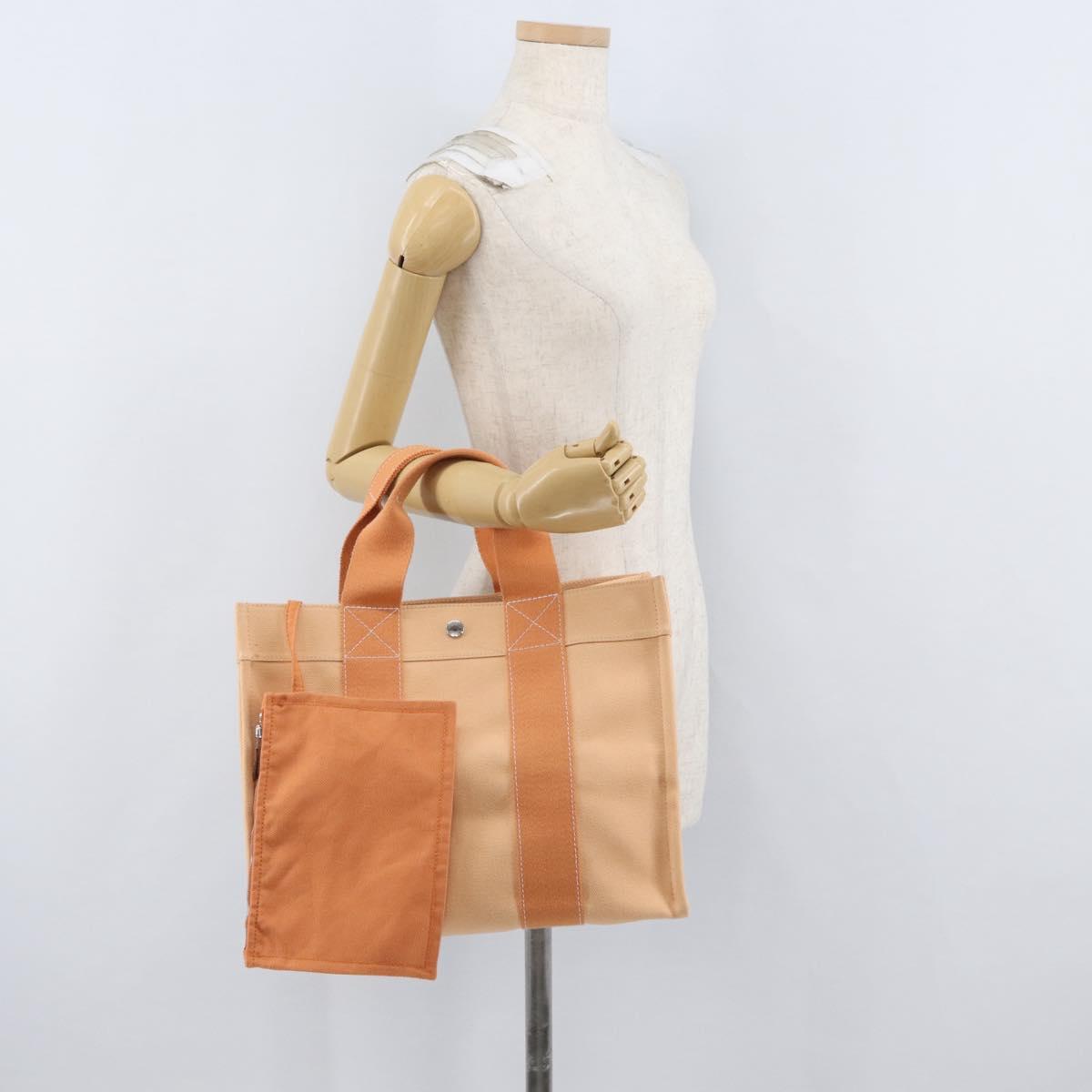 HERMES Coquillage PM Hand Bag Canvas Orange Silver Auth 170596