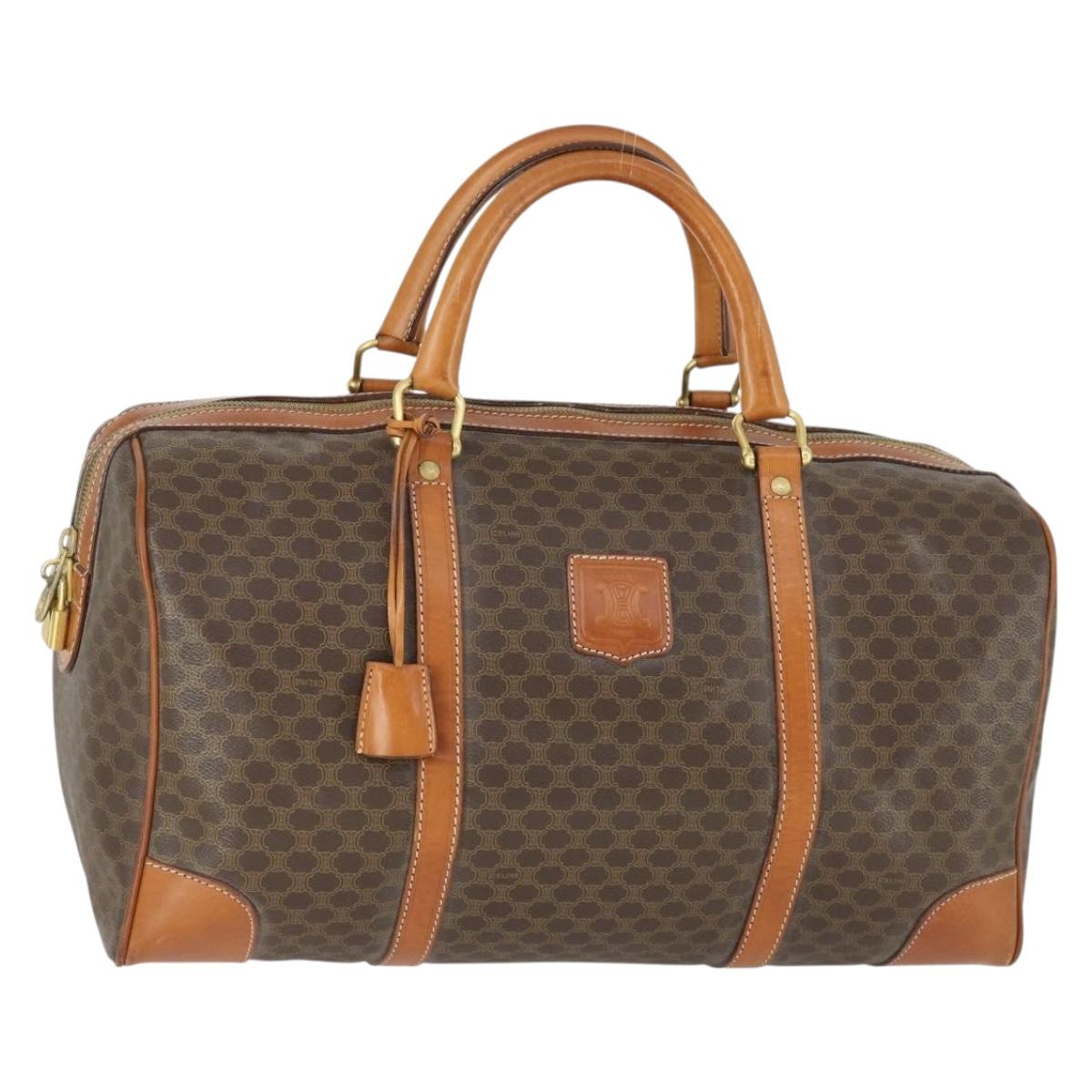 CELINE Macadam Canvas Boston Bag PVC Leather Brown Gold Auth 170598