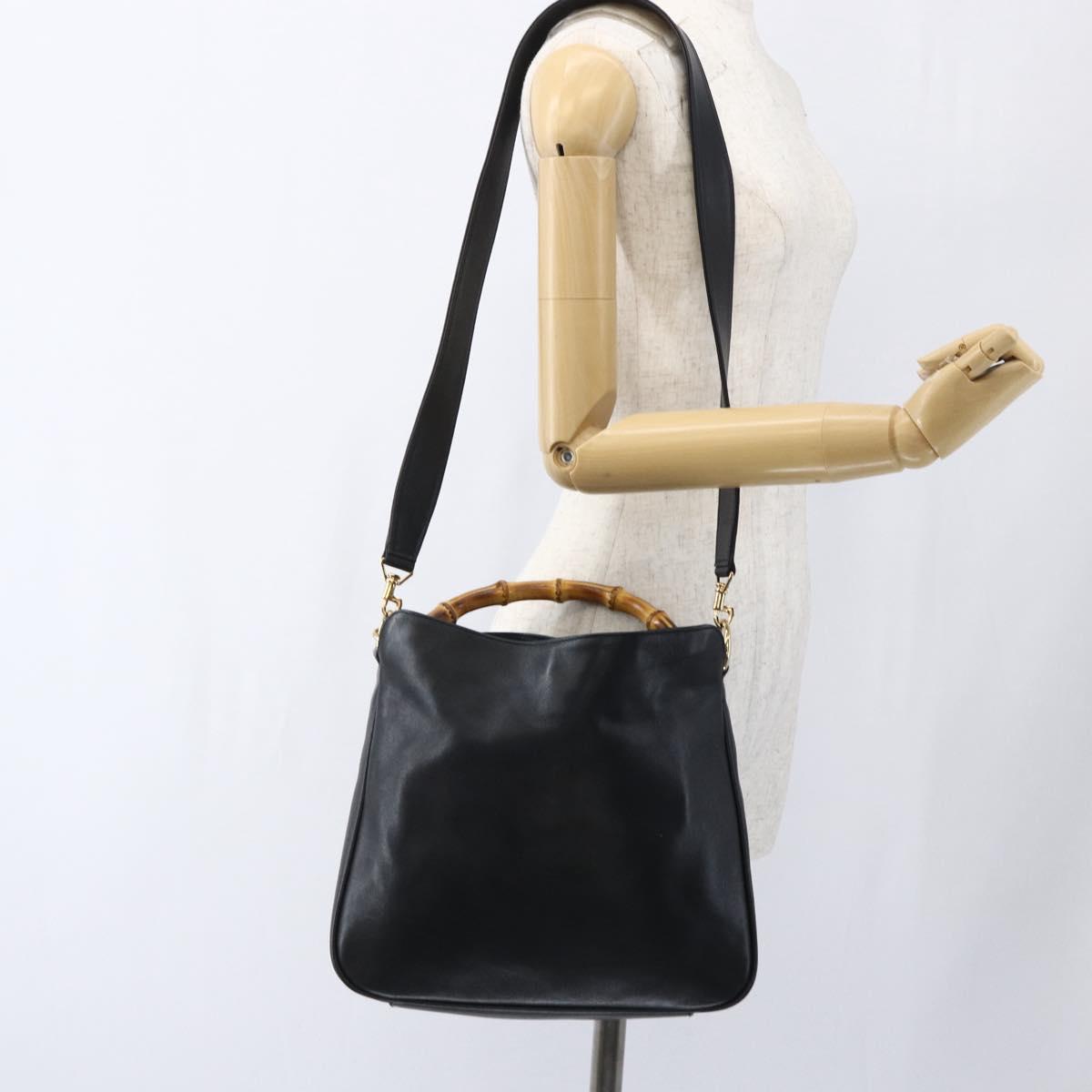 GUCCI Bamboo Hand Bag Leather 2way Black Gold 001 1638 Auth 170600