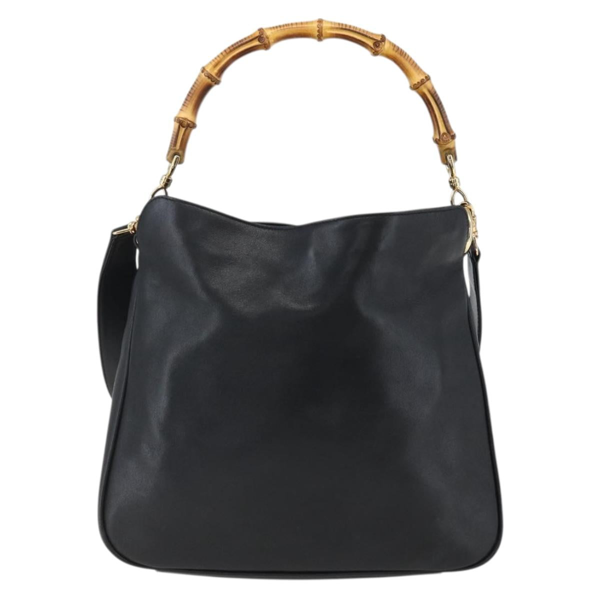 GUCCI Bamboo Hand Bag Leather 2way Black Gold 001 1638 Auth 170600