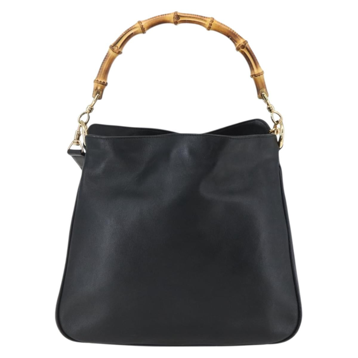 GUCCI Bamboo Hand Bag Leather 2way Black Gold 001 1638 Auth 170600