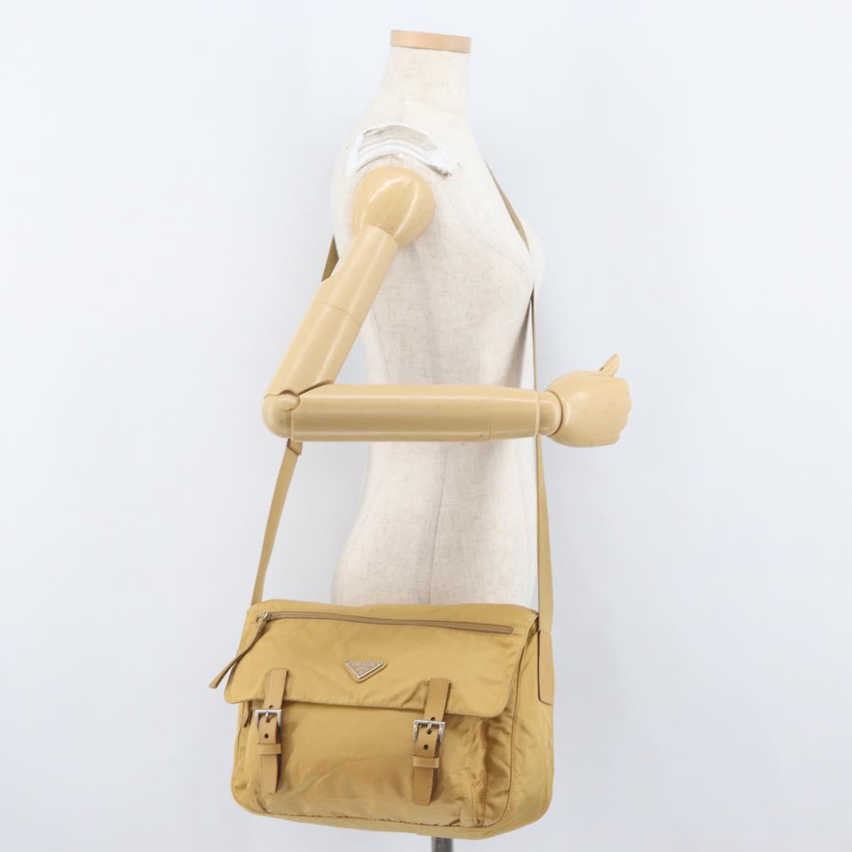 PRADA Shoulder Bag Nylon Beige Silver Auth 170601V